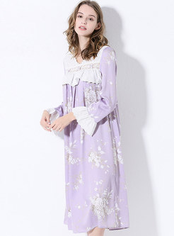 Print Lace Patchwork Loose Midi Nightgown