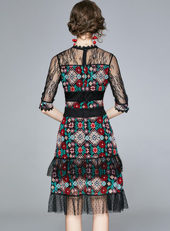 Transparent Mesh Embroidered Knee-length Dress