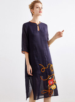 Embroidered Three Quarters Sleeve Shift Dress