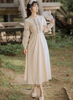 Embroidered Long Sleeve A Line Maxi Dress