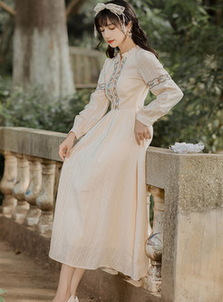 Embroidered Long Sleeve A Line Maxi Dress