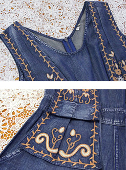 V-neck Sleeveless Embroidered Denim Jumpsuits