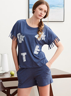 Print Fringed Pullover Casual Pajama Set