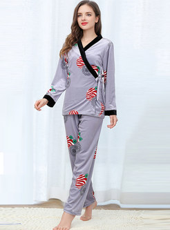 Color-blocked Velvet Print Casual Pajama Set