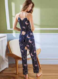 Striped Print Cross V-neck Velvet Pajama Set