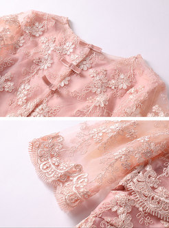 Pink Sweet Lace Half Sleeve Skater Dress