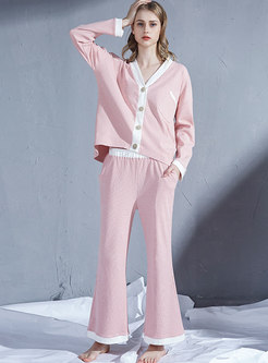 V-neck Color-blocked Striped Flare Pant Suits