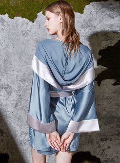 Color-blocked Hooded Loose Short Robe