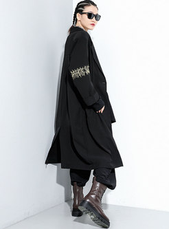 Notched Embroidered Long Straight Trench Coat