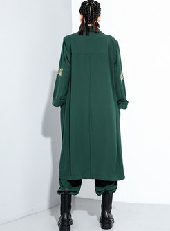 Notched Embroidered Long Straight Trench Coat