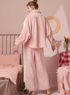 Color-blocked Coral Thicken Pajama Set