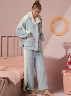 Color-blocked Coral Thicken Pajama Set
