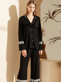 Lace Patchwork Long Sleeve Modal Pajama Set