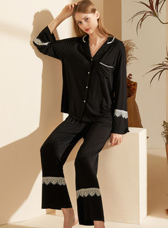 Lace Patchwork Long Sleeve Modal Pajama Set
