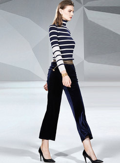 Turtleneck Striped Sweater & Velvet Ankle-length Pants