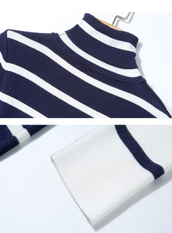 Turtleneck Striped Sweater & Velvet Ankle-length Pants