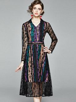 Color-blocked Striped Patchwork Lace Dress