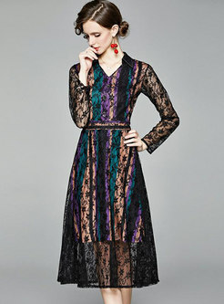 Color-blocked Striped Patchwork Lace Dress