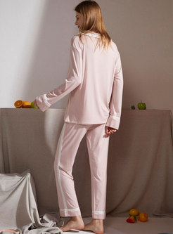 Color-blocked Lapel Long Sleeve Pajama Set
