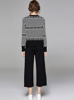 Geometric Print Cardigan & Straight Knitted Pants