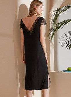 Black Lace V-neck Modal Midi Nightdress