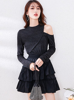 Black Cold Shoulder A Line Mini Skirt Suits