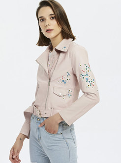 Pink Embroidered PU Biker Jacket