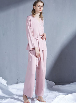 Pink V-neck High Waisted Loose Pajama Set