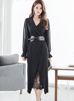 Notched Long Sleeve Belted Lace Two Piece Dress