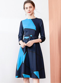 Color-blocked 3/4 Sleeve A Line Knee-length Dress