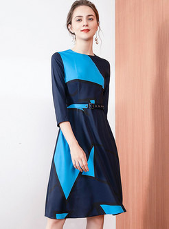 Color-blocked 3/4 Sleeve A Line Knee-length Dress