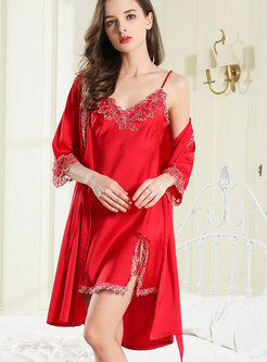 Lace Patchwork Sexy Satin Robe Set
