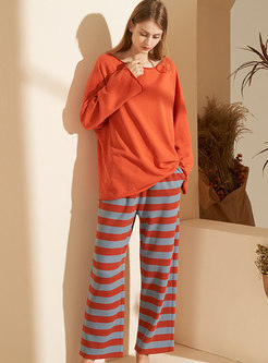 Crew Neck Pullover Striped Pajama Set