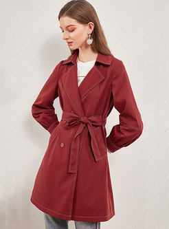 Notched Long Sleeve Drawstring Trench Coat