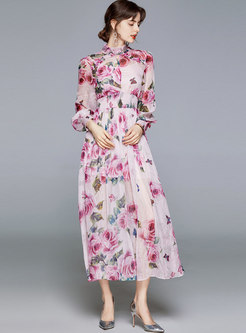 Mock Neck Sequin Print Chiffon Maxi Dress
