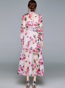 Mock Neck Sequin Print Chiffon Maxi Dress