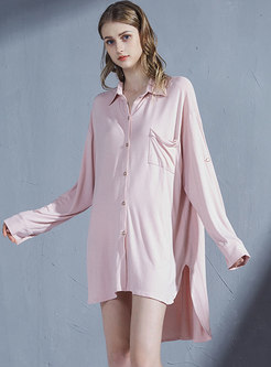 Pink Lapel Single-breasted Sleep Shirt Dress