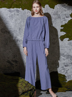 Plaid Pullover Loose Drawstring Pajama Set