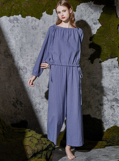 Plaid Pullover Loose Drawstring Pajama Set
