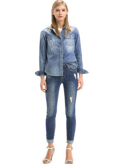 Turn Down Collar Denim Blouse With Pockets