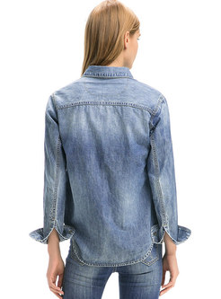 Turn Down Collar Denim Blouse With Pockets