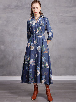 Blue Print Denim Belted A Line Maxi Dress