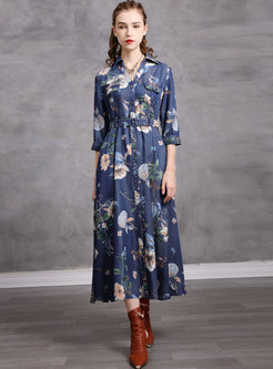 Blue Print Denim Belted A Line Maxi Dress