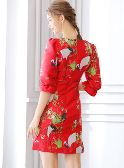 Square Neck Puff Sleeve Embroidered Bodycon Dress