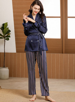 V-neck Letter Print Striped Pajama Set