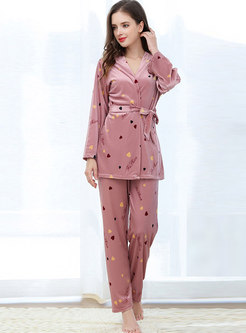 Long Sleeve Heart Letter Print Velvet Pajama Set