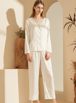 V-neck Single-breasted Wide Leg Pajama Set