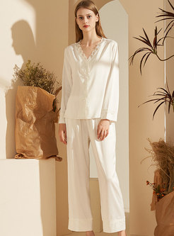 V-neck Single-breasted Wide Leg Pajama Set