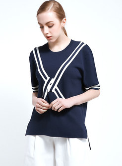 Color-blocked Half Sleeve Pullover Knit Tops