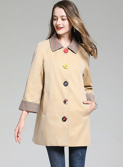 Turn Down Collar Plaid Patchwork Trench Coat